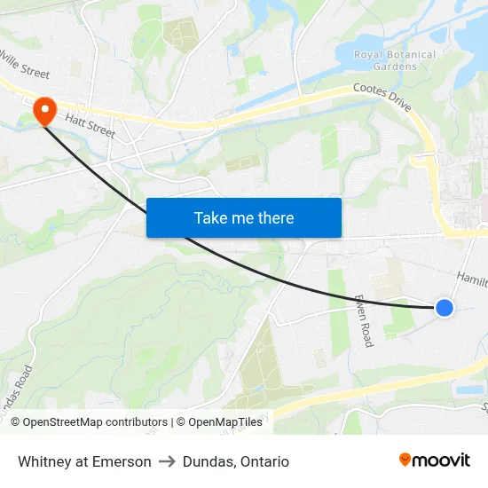 Whitney at Emerson to Dundas, Ontario map