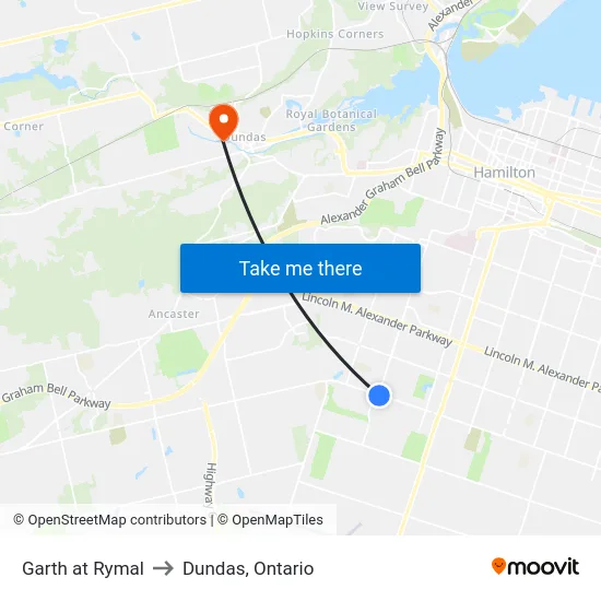 Garth at Rymal to Dundas, Ontario map