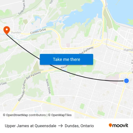 Upper James at Queensdale to Dundas, Ontario map