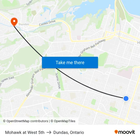 Mohawk at West 5th to Dundas, Ontario map