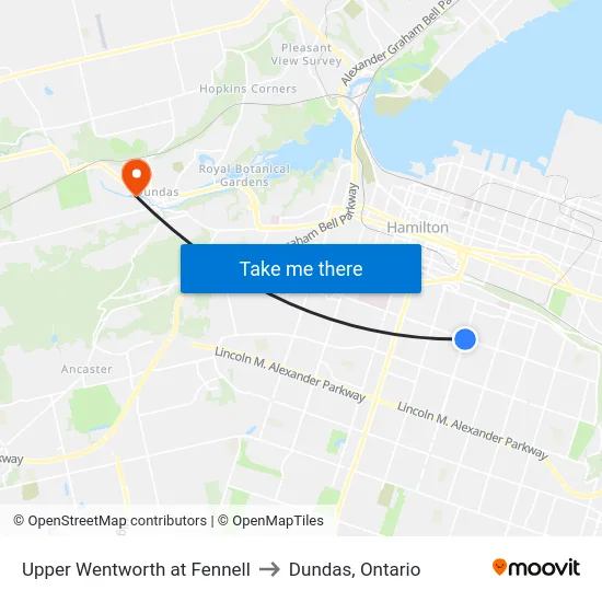 Upper Wentworth at Fennell to Dundas, Ontario map