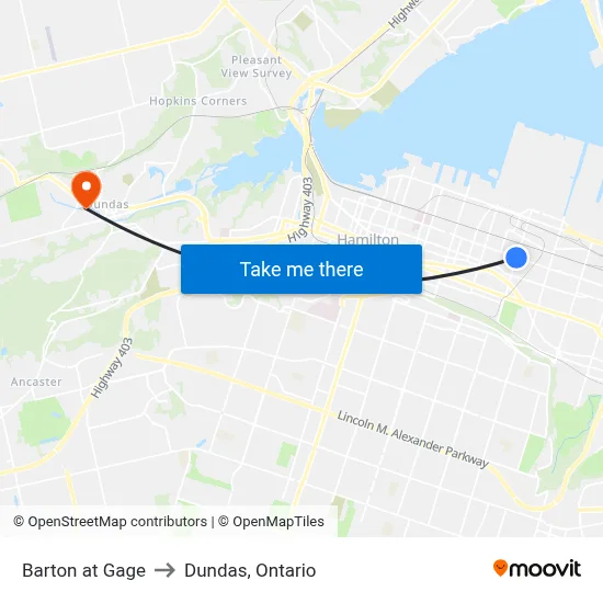 Barton at Gage to Dundas, Ontario map