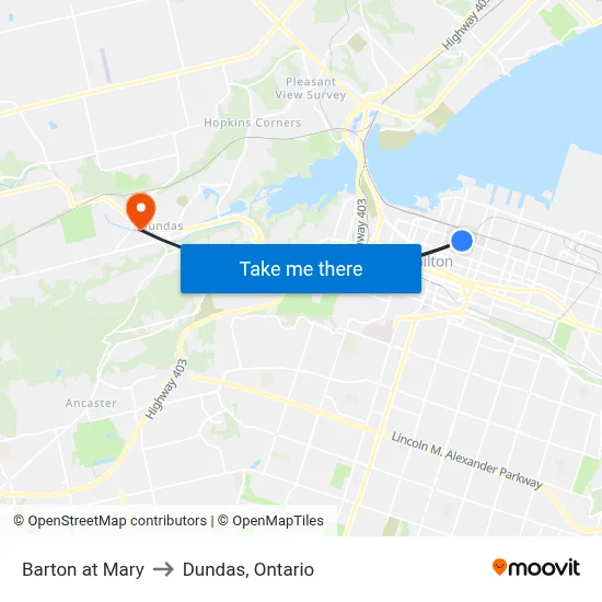 Barton at Mary to Dundas, Ontario map