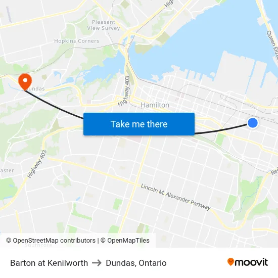 Barton at Kenilworth to Dundas, Ontario map