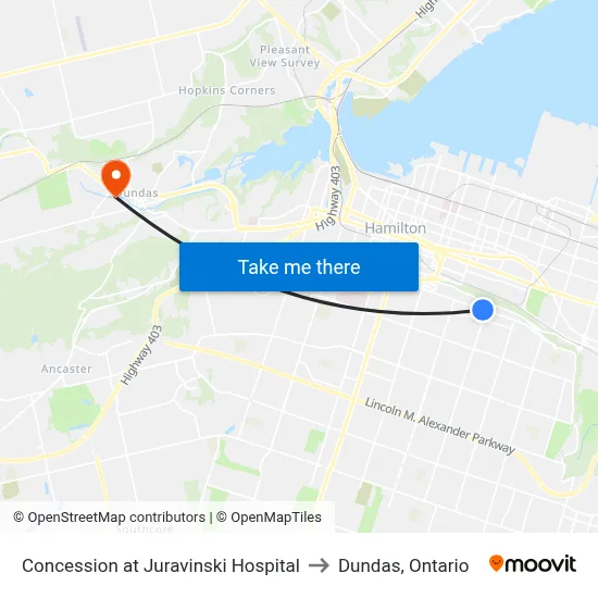 Concession at Juravinski Hospital to Dundas, Ontario map
