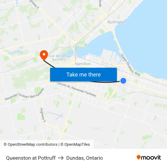 Queenston at Pottruff to Dundas, Ontario map