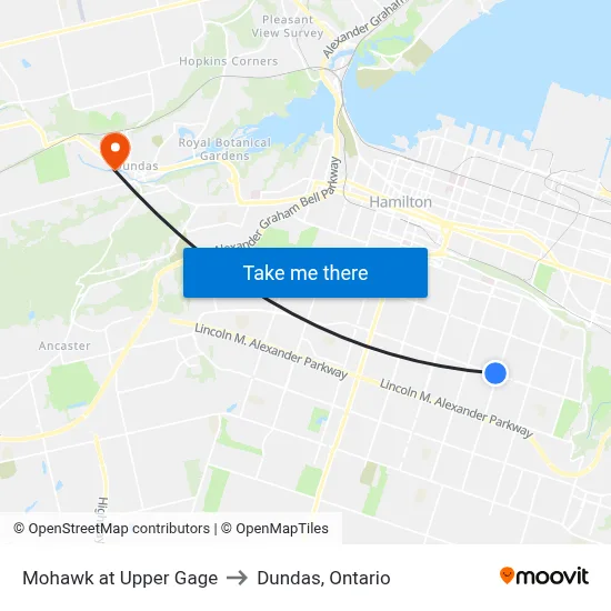 Mohawk at Upper Gage to Dundas, Ontario map