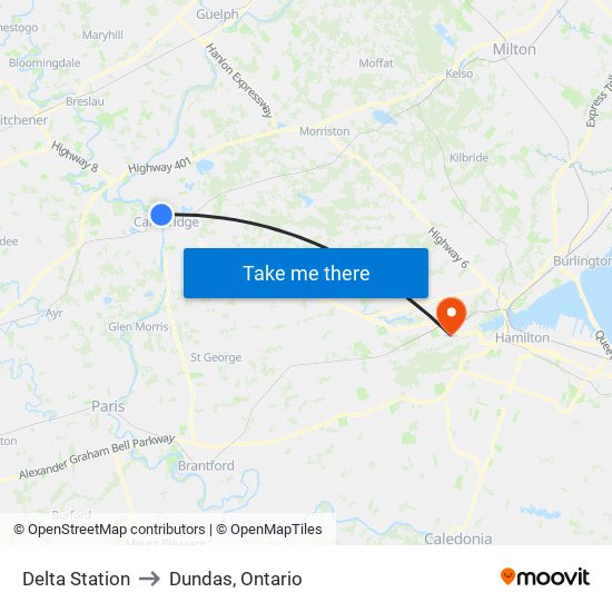 Delta Station to Dundas, Ontario map