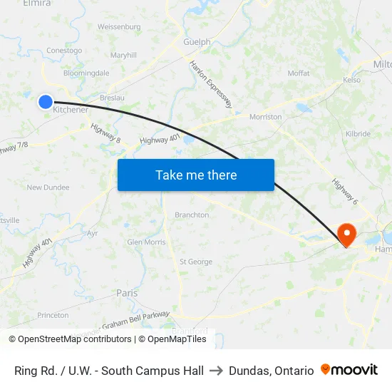 Ring Rd. / U.W. - South Campus Hall to Dundas, Ontario map