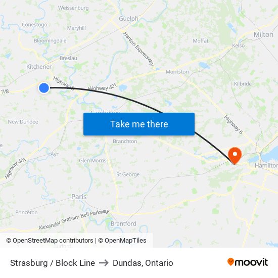 Strasburg / Block Line to Dundas, Ontario map