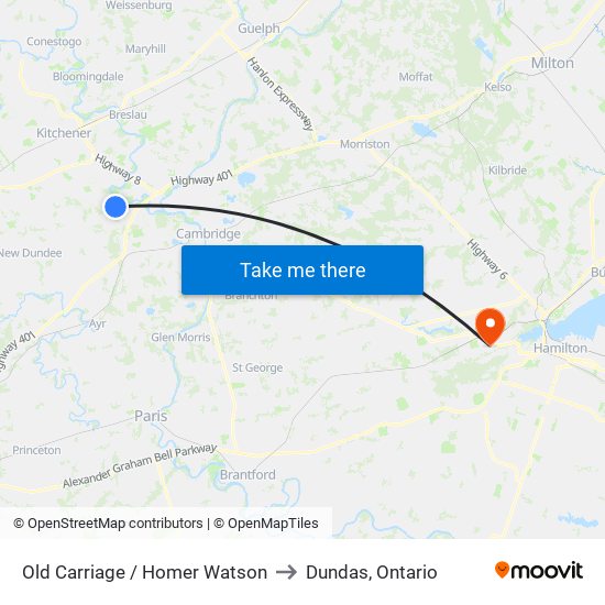 Old Carriage / Homer Watson to Dundas, Ontario map