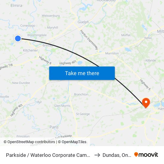 Parkside / Waterloo Corporate Campus - North to Dundas, Ontario map