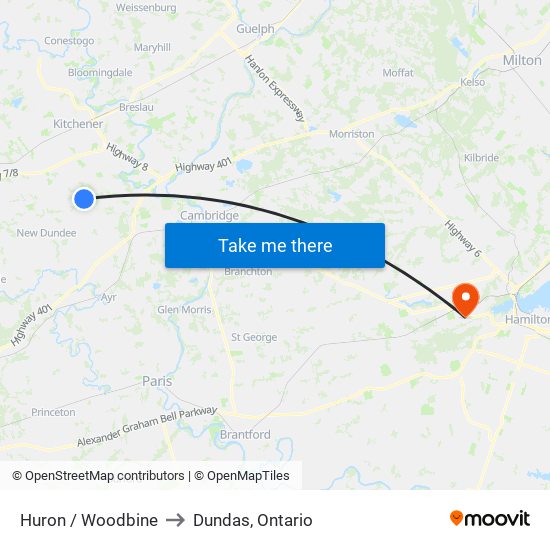 Huron / Woodbine to Dundas, Ontario map