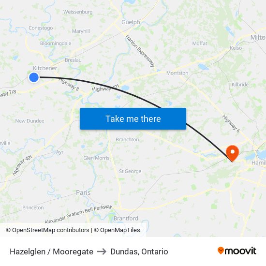 Hazelglen / Mooregate to Dundas, Ontario map