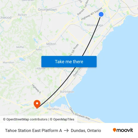 Tahoe Station East Platform A to Dundas, Ontario map