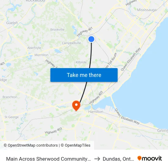 Main Across Sherwood Community Centre to Dundas, Ontario map
