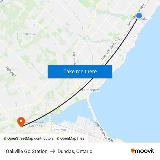 Oakville Go Station to Dundas, Ontario map