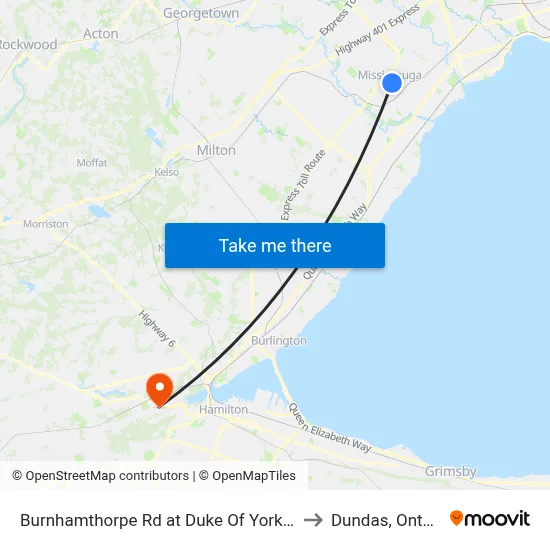 Burnhamthorpe Rd at Duke Of York Blvd to Dundas, Ontario map