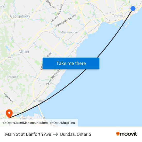 Main St at Danforth Ave to Dundas, Ontario map