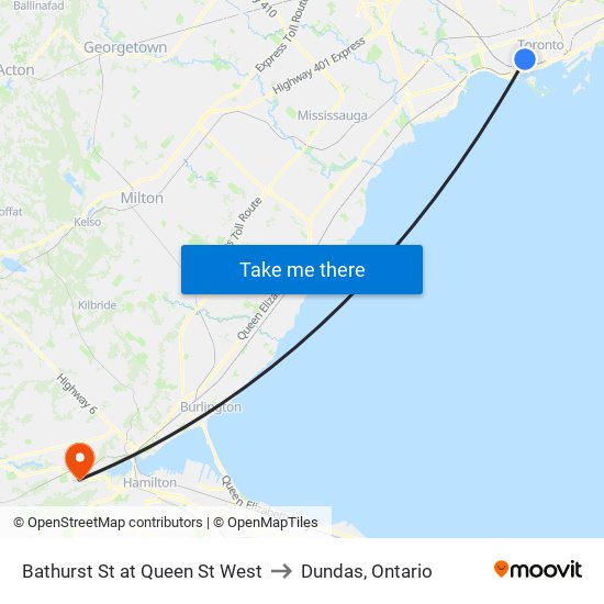 Bathurst St at Queen St West to Dundas, Ontario map