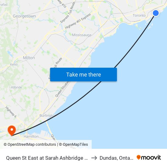Queen St East at Sarah Ashbridge Ave to Dundas, Ontario map
