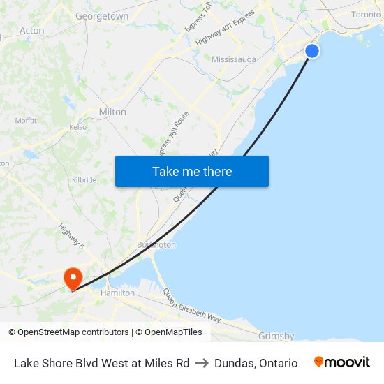 Lake Shore Blvd West at Miles Rd to Dundas, Ontario map