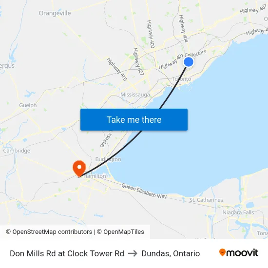 Don Mills Rd at Clock Tower Rd to Dundas, Ontario map