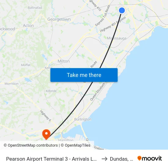 Pearson Airport Terminal 3 - Arrivals Level Columns C8-C12 to Dundas, Ontario map