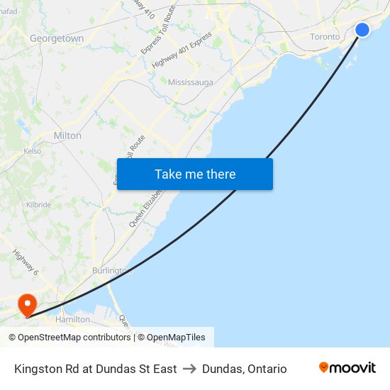 Kingston Rd at Dundas St East to Dundas, Ontario map