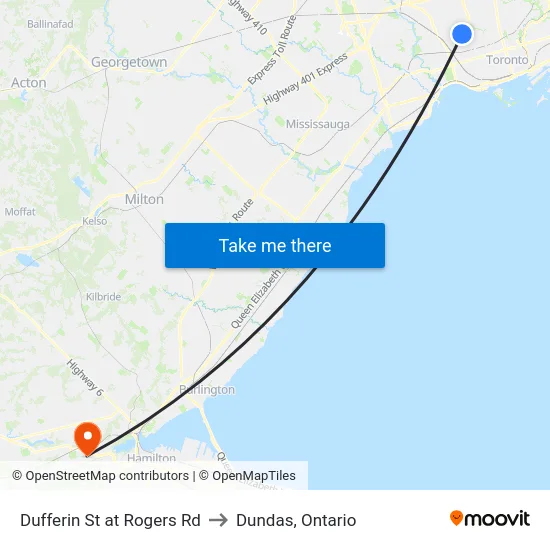 Dufferin St at Rogers Rd to Dundas, Ontario map