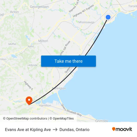 Evans Ave at Kipling Ave to Dundas, Ontario map