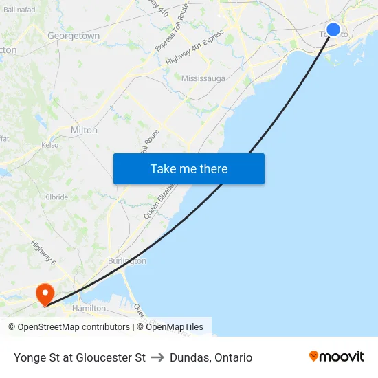 Yonge St at Gloucester St to Dundas, Ontario map