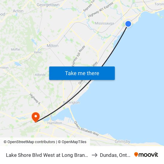 Lake Shore Blvd West at Long Branch Ave to Dundas, Ontario map