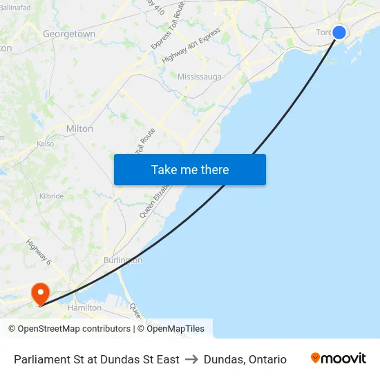 Parliament St at Dundas St East to Dundas, Ontario map