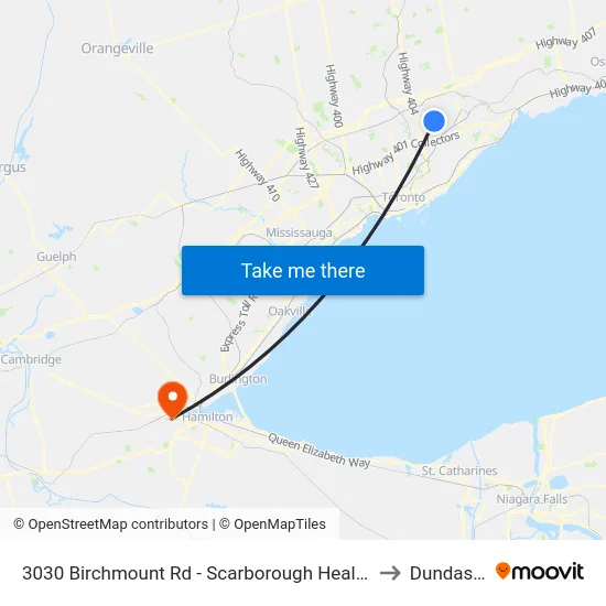 3030 Birchmount Rd - Scarborough Health Network Birchmount Hospital to Dundas, Ontario map
