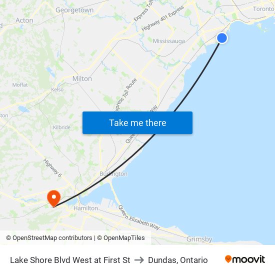 Lake Shore Blvd West at First St to Dundas, Ontario map
