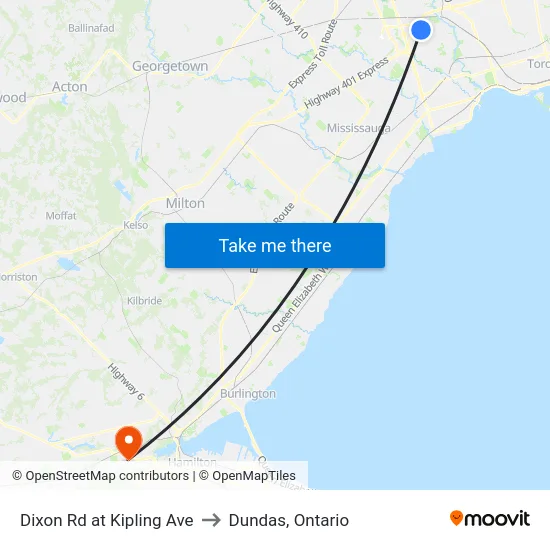 Dixon Rd at Kipling Ave to Dundas, Ontario map
