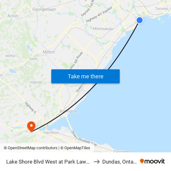 Lake Shore Blvd West at Park Lawn Rd to Dundas, Ontario map