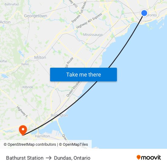 Bathurst Station to Dundas, Ontario map
