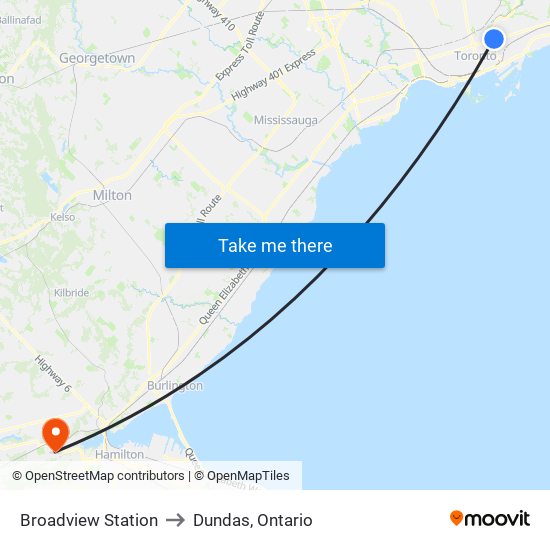 Broadview Station to Dundas, Ontario map