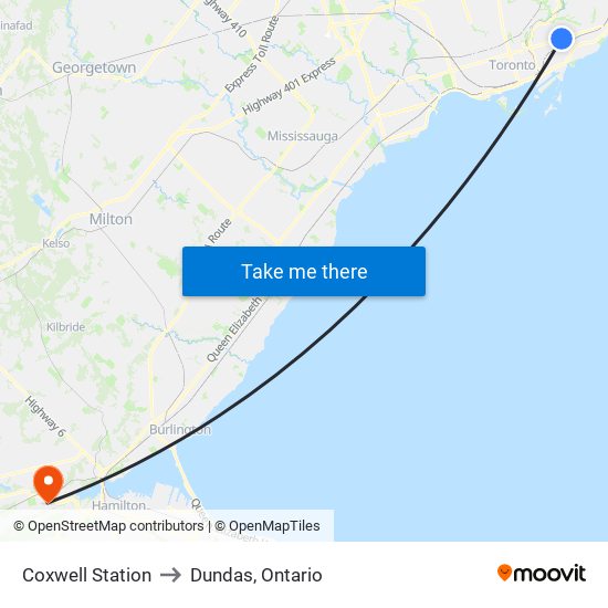 Coxwell Station to Dundas, Ontario map