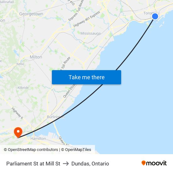 Parliament St at Mill St to Dundas, Ontario map