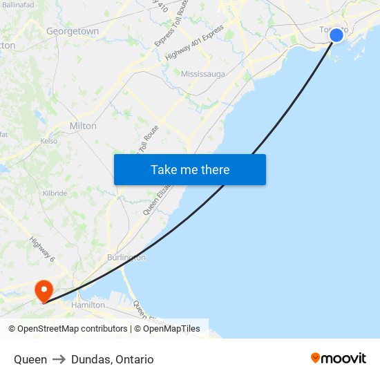 Queen to Dundas, Ontario map