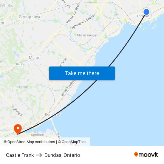 Castle Frank to Dundas, Ontario map