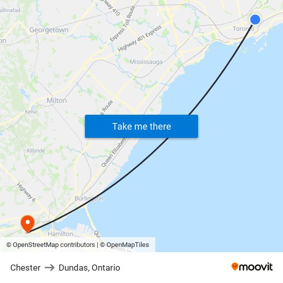 Chester to Dundas, Ontario map