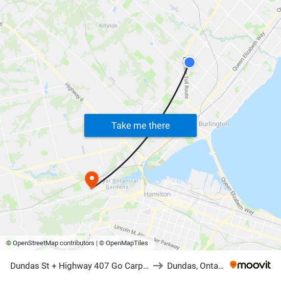 Dundas St + Highway 407 Go Carpool to Dundas, Ontario map