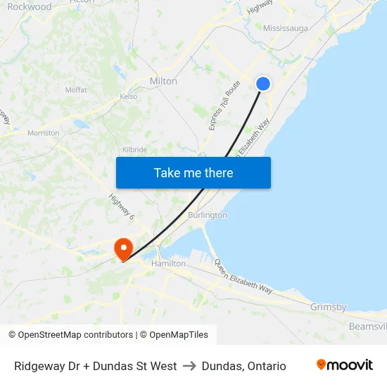 Ridgeway Dr + Dundas St West to Dundas, Ontario map