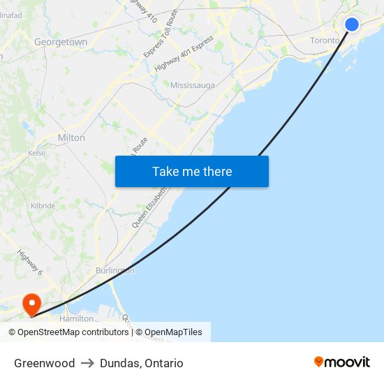 Greenwood to Dundas, Ontario map