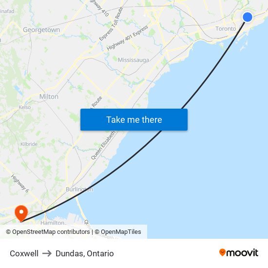 Coxwell to Dundas, Ontario map