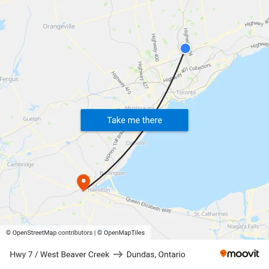 Hwy 7 / West Beaver Creek to Dundas, Ontario map